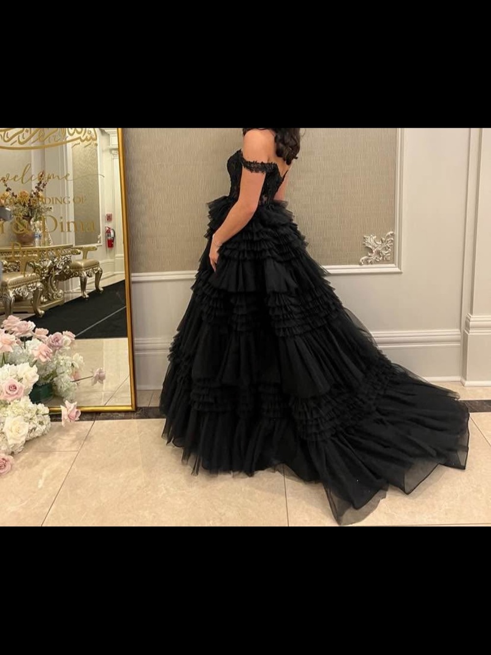 Sherri Hill Black Off-Shoulder Ruffled Tulle Ball Gown